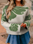 Leaf Round Neck Long Sleeve Sweater - FLORENTINE IRIS