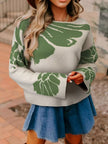 Leaf Round Neck Long Sleeve Sweater - FLORENTINE IRIS