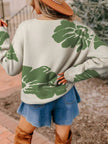 Leaf Round Neck Long Sleeve Sweater - FLORENTINE IRIS