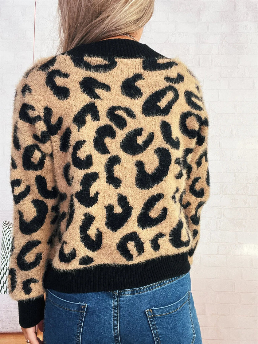 Leopard Fuzzy Button Up Cardigan - FLORENTINE IRIS