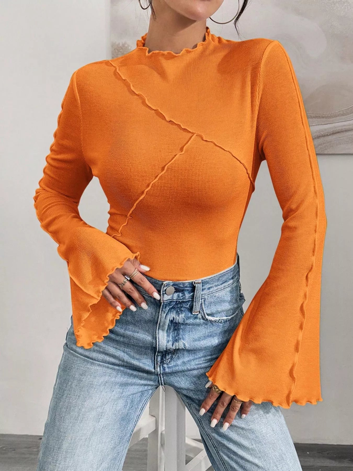 Lettuce Edge Flare Sleeve Top - FLORENTINE IRIS