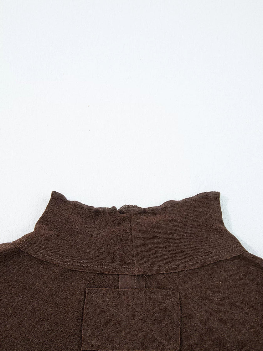 Lettuce Trim Raw Seam Patchwork Jacquard Long Sleeve Top - FLORENTINE IRIS