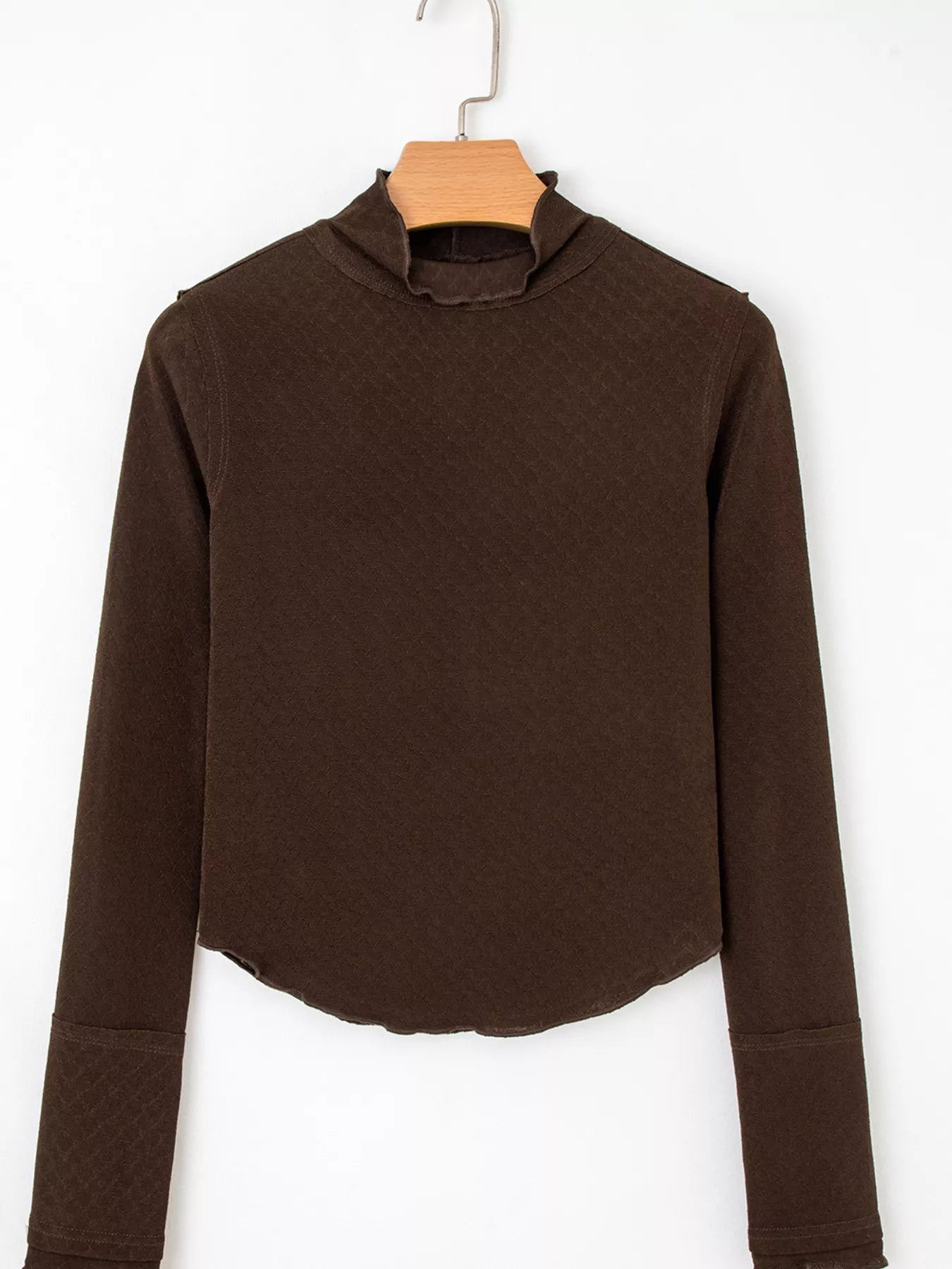 Lettuce Trim Raw Seam Patchwork Jacquard Long Sleeve Top - FLORENTINE IRIS