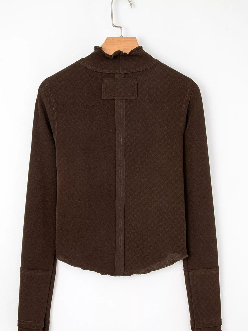 Lettuce Trim Raw Seam Patchwork Jacquard Long Sleeve Top - FLORENTINE IRIS