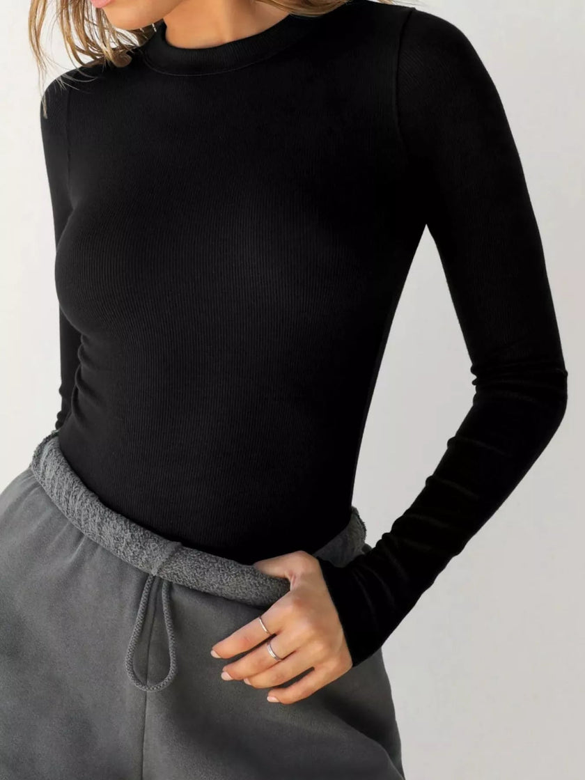 Long Sleeve Crop T-Shirt with Ribbed Texture - FLORENTINE IRIS