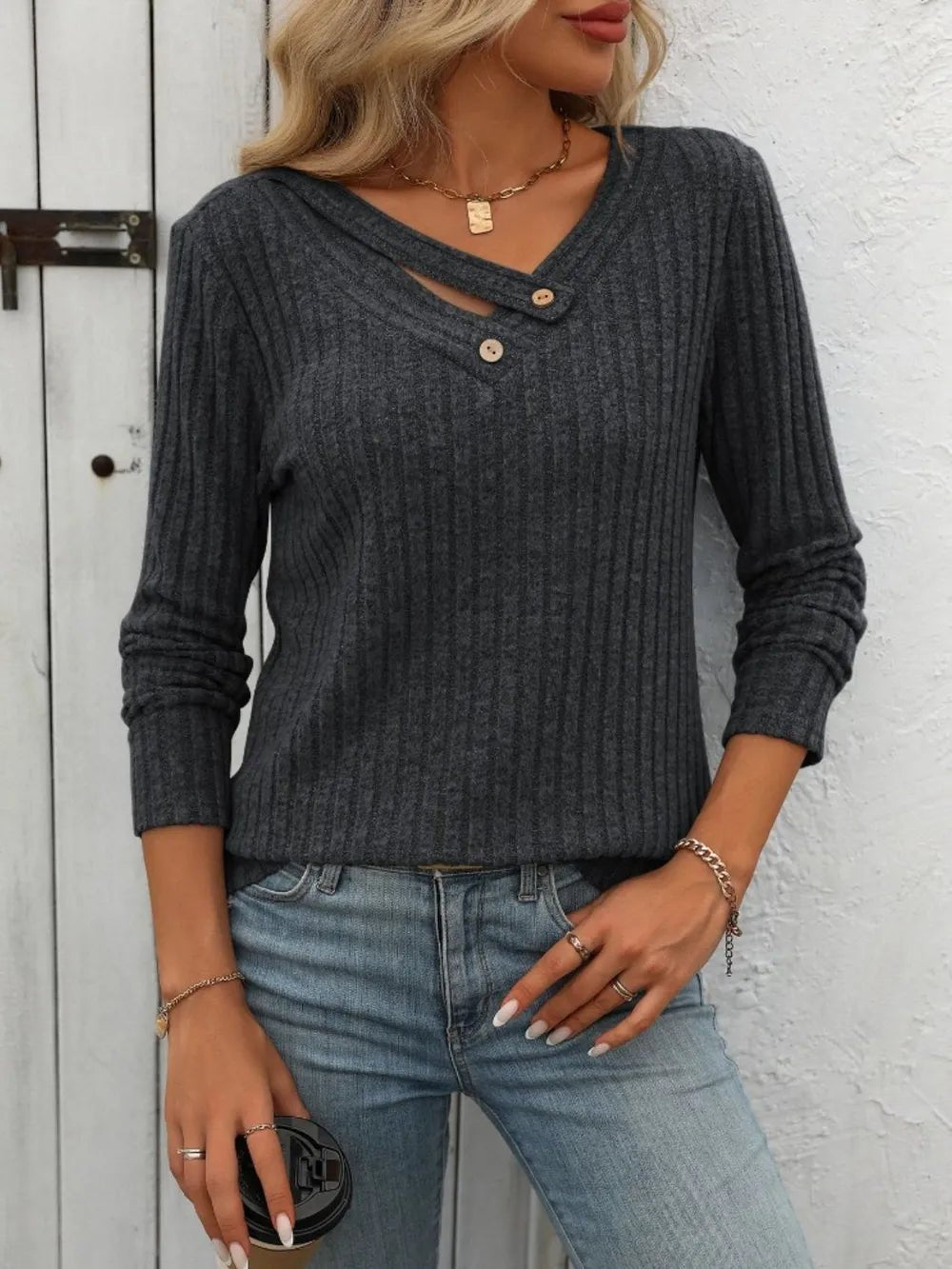 Mandy Ribbed V - Neck Long Sleeve T-Shirt - FLORENTINE IRIS
