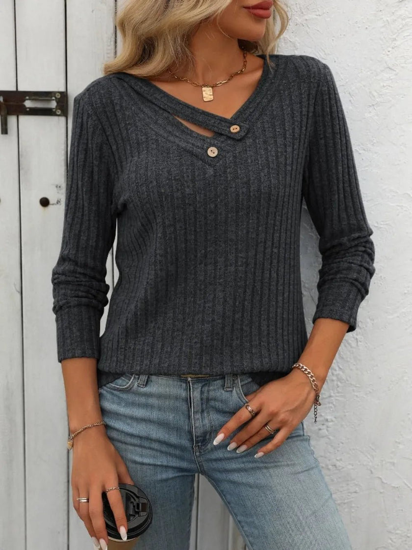 Mandy Ribbed V - Neck Long Sleeve T-Shirt - FLORENTINE IRIS