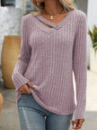 Mandy Ribbed V - Neck Long Sleeve T-Shirt - FLORENTINE IRIS