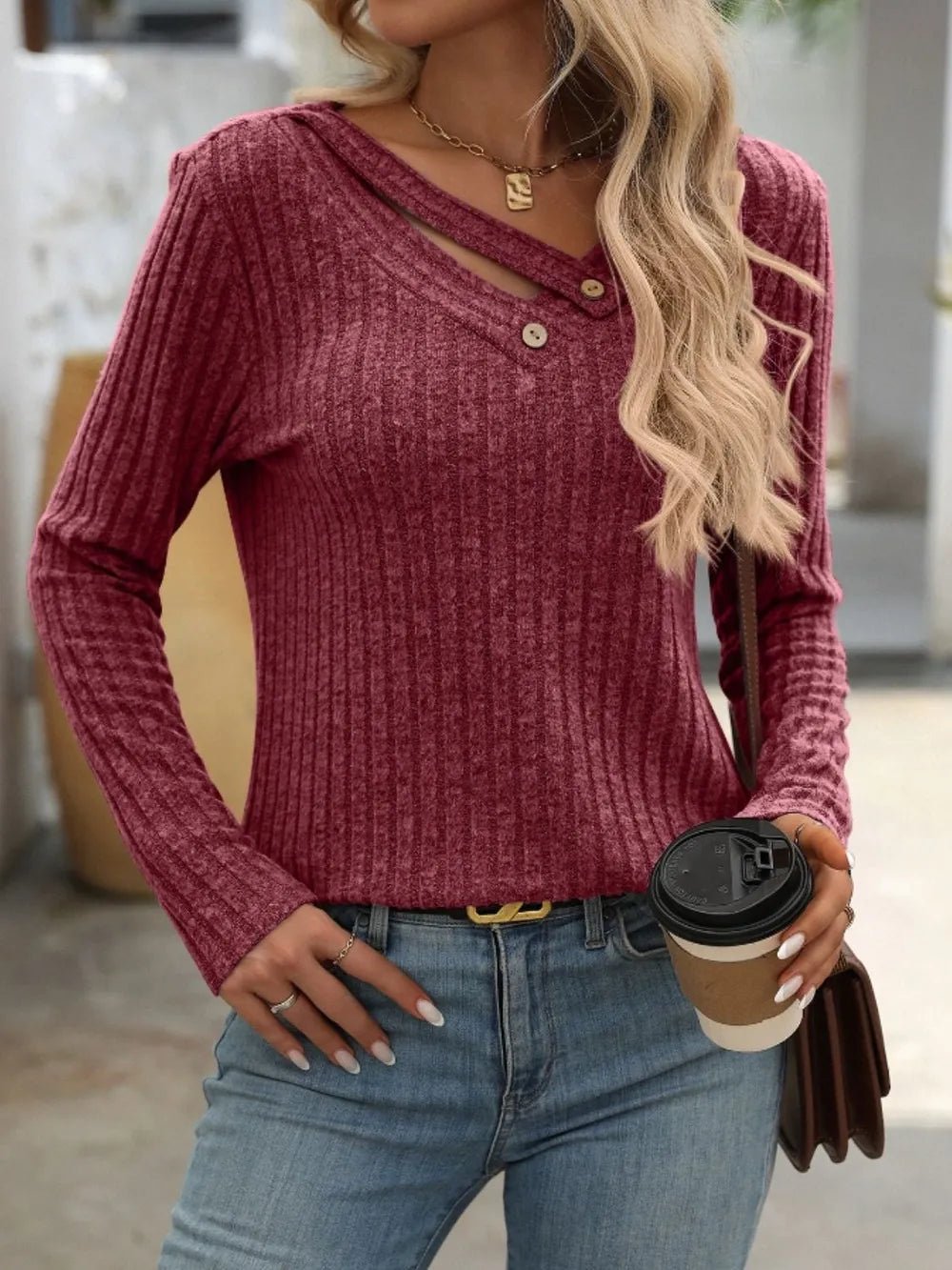 Mandy Ribbed V - Neck Long Sleeve T-Shirt - FLORENTINE IRIS