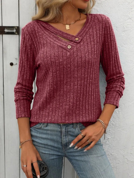 Mandy Ribbed V - Neck Long Sleeve T-Shirt - FLORENTINE IRIS