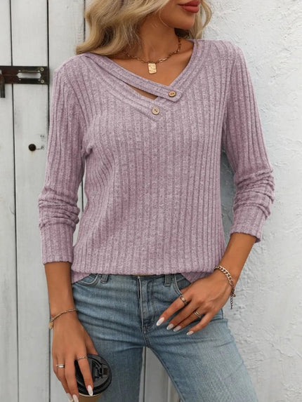 Mandy Ribbed V - Neck Long Sleeve T-Shirt - FLORENTINE IRIS