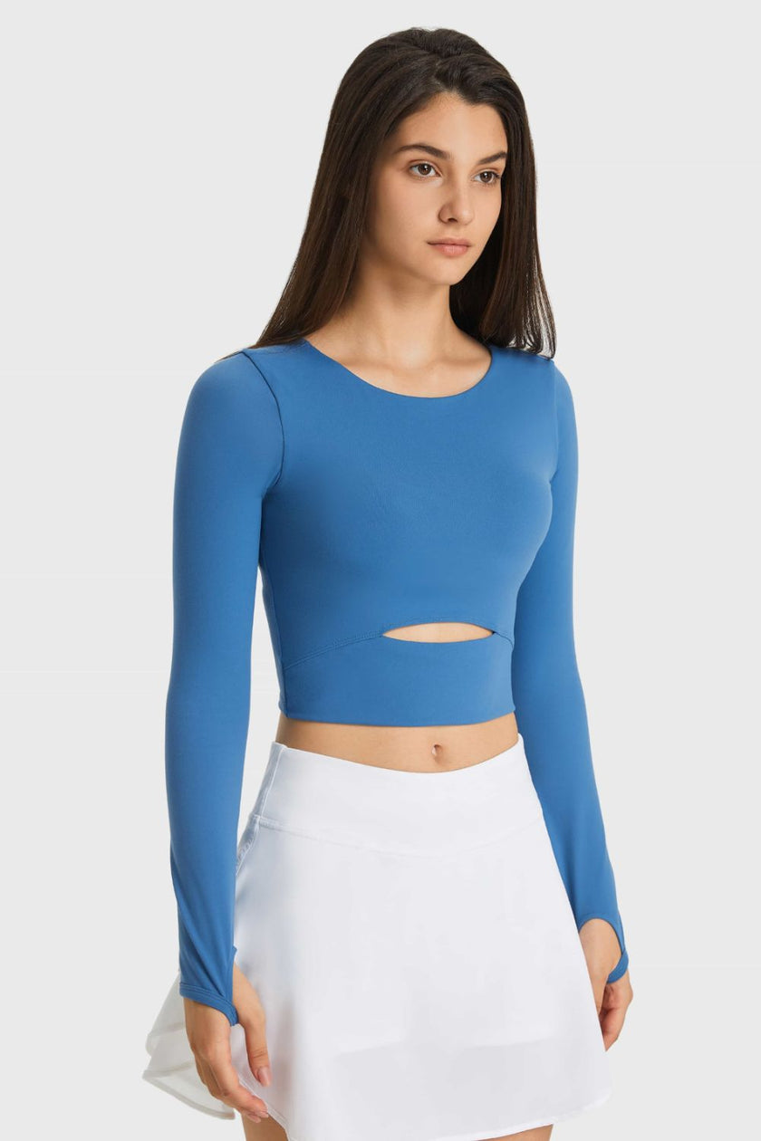 Millennia Cutout Long Sleeve Cropped Sports Top - FLORENTINE IRIS