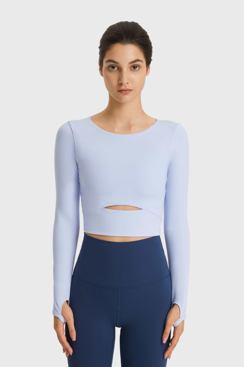 Millennia Cutout Long Sleeve Cropped Sports Top - FLORENTINE IRIS