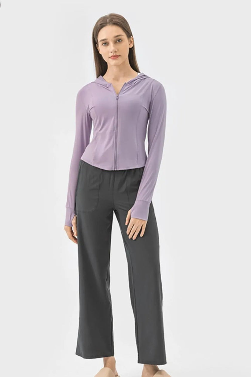 Millennia Pocketed Zip Up Hooded Long Sleeve Active Outerwear - FLORENTINE IRIS