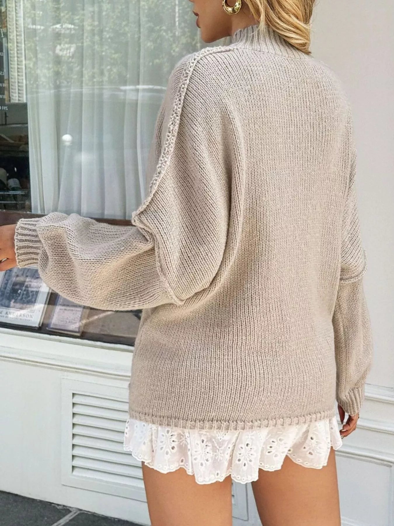 Mock Neck Drop Shoulder Sweater - FLORENTINE IRIS