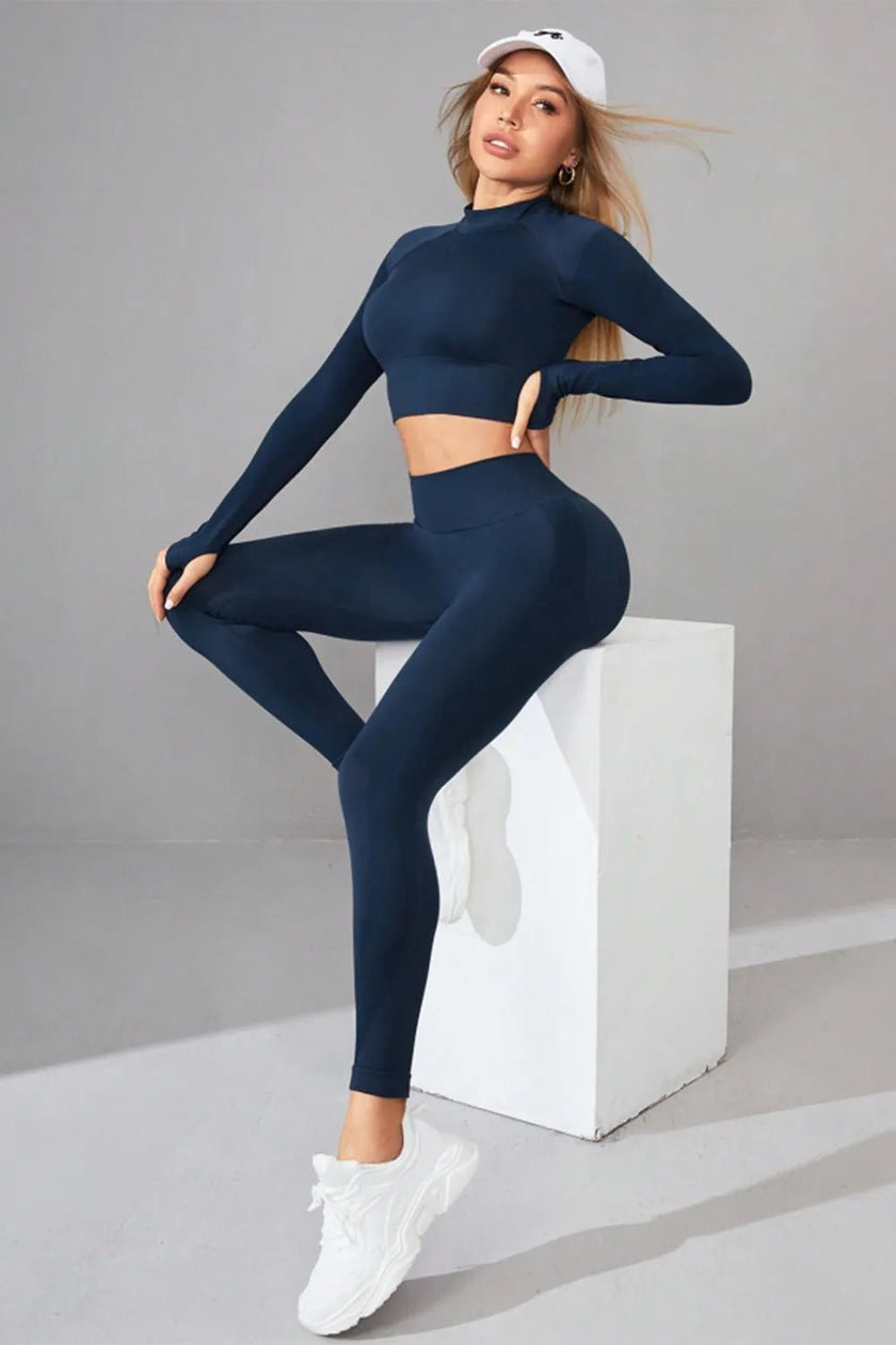 Mock Neck Long Sleeve Top and Pants Active Set - FLORENTINE IRIS