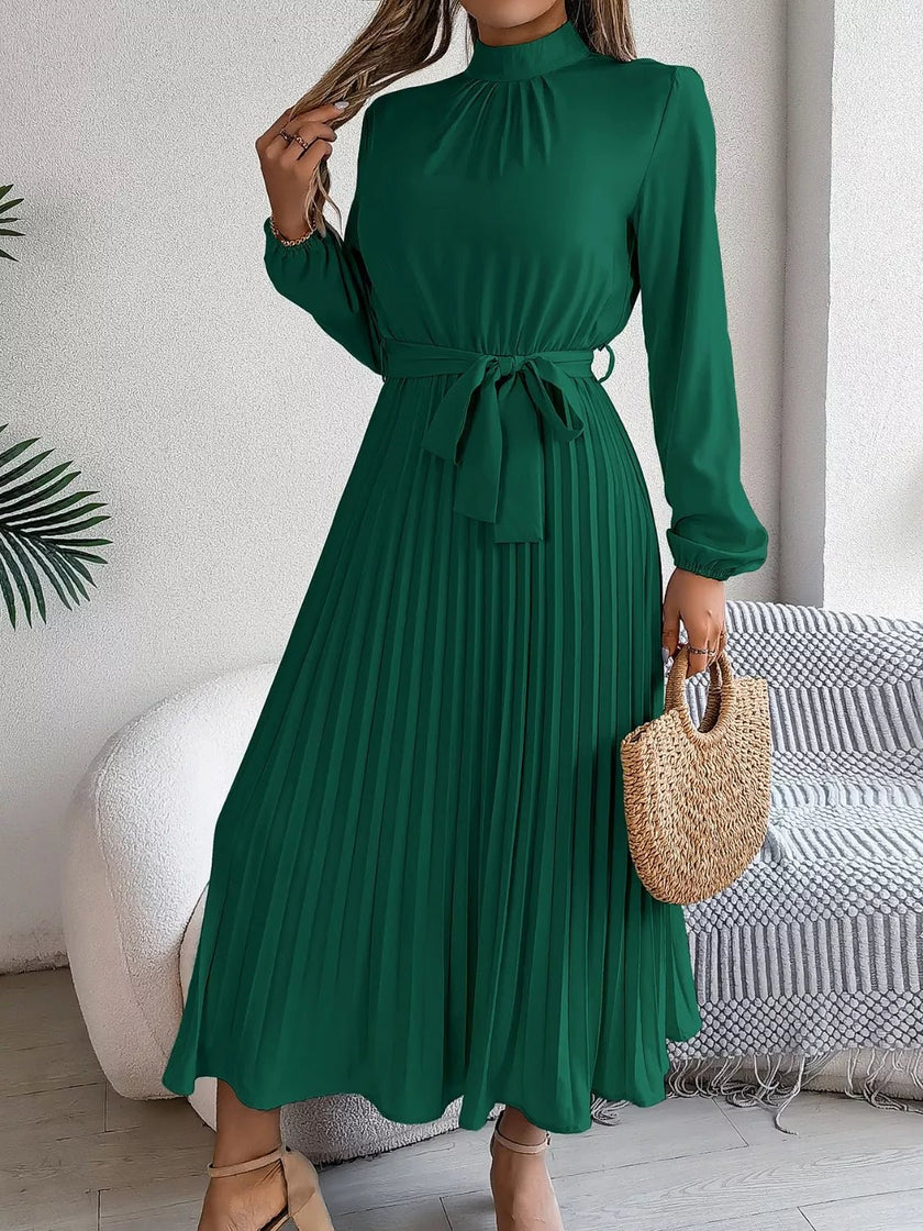 Mock Neck Pleated Midi Dress - FLORENTINE IRIS