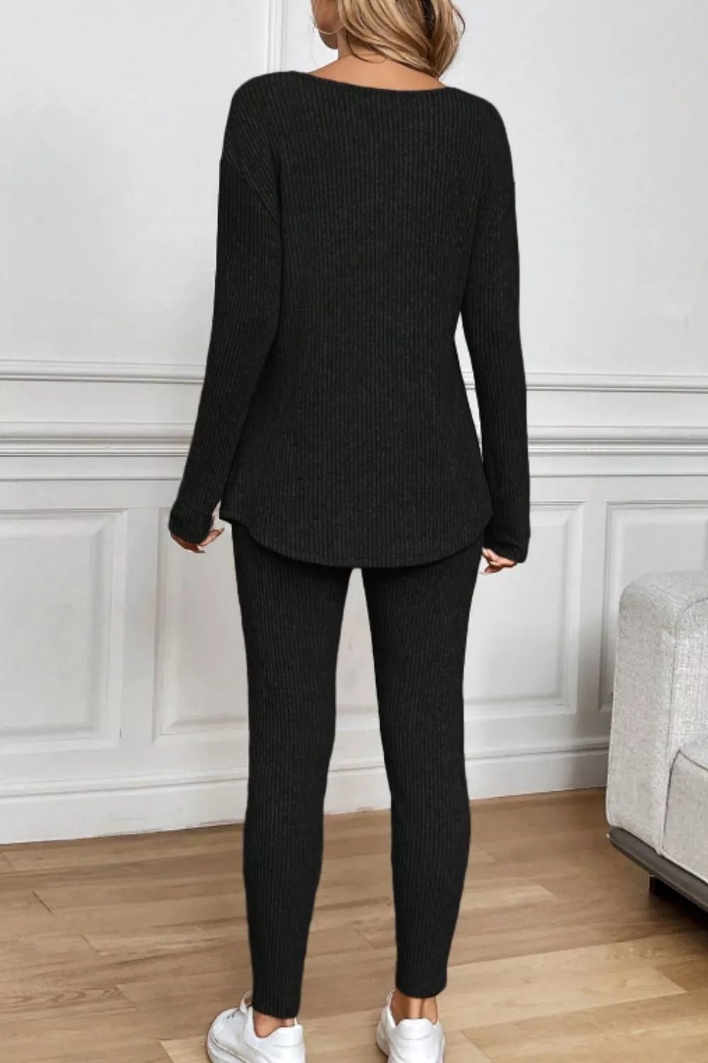 Notched Long Sleeve Top & Pants Set - FLORENTINE IRIS