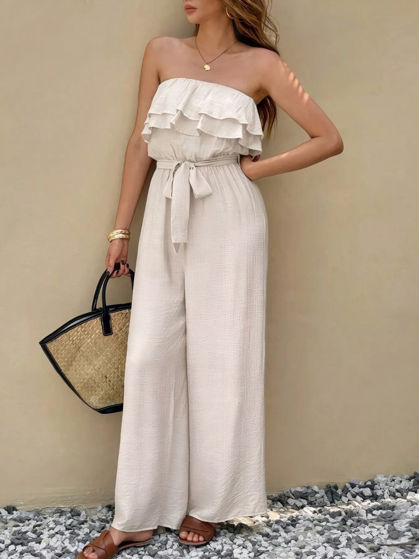 Off - Shoulder Ruffled Wide Leg Jumpsuit - FLORENTINE IRIS
