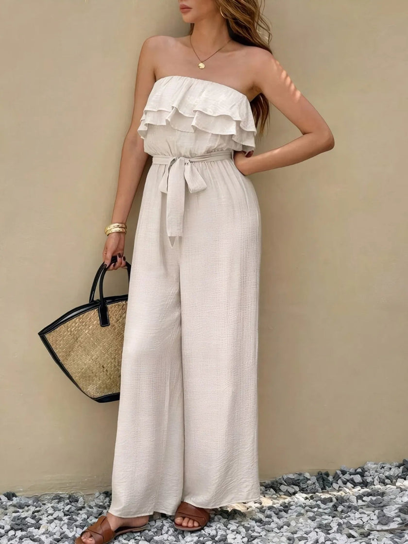 Off - Shoulder Ruffled Wide Leg Jumpsuit - FLORENTINE IRIS