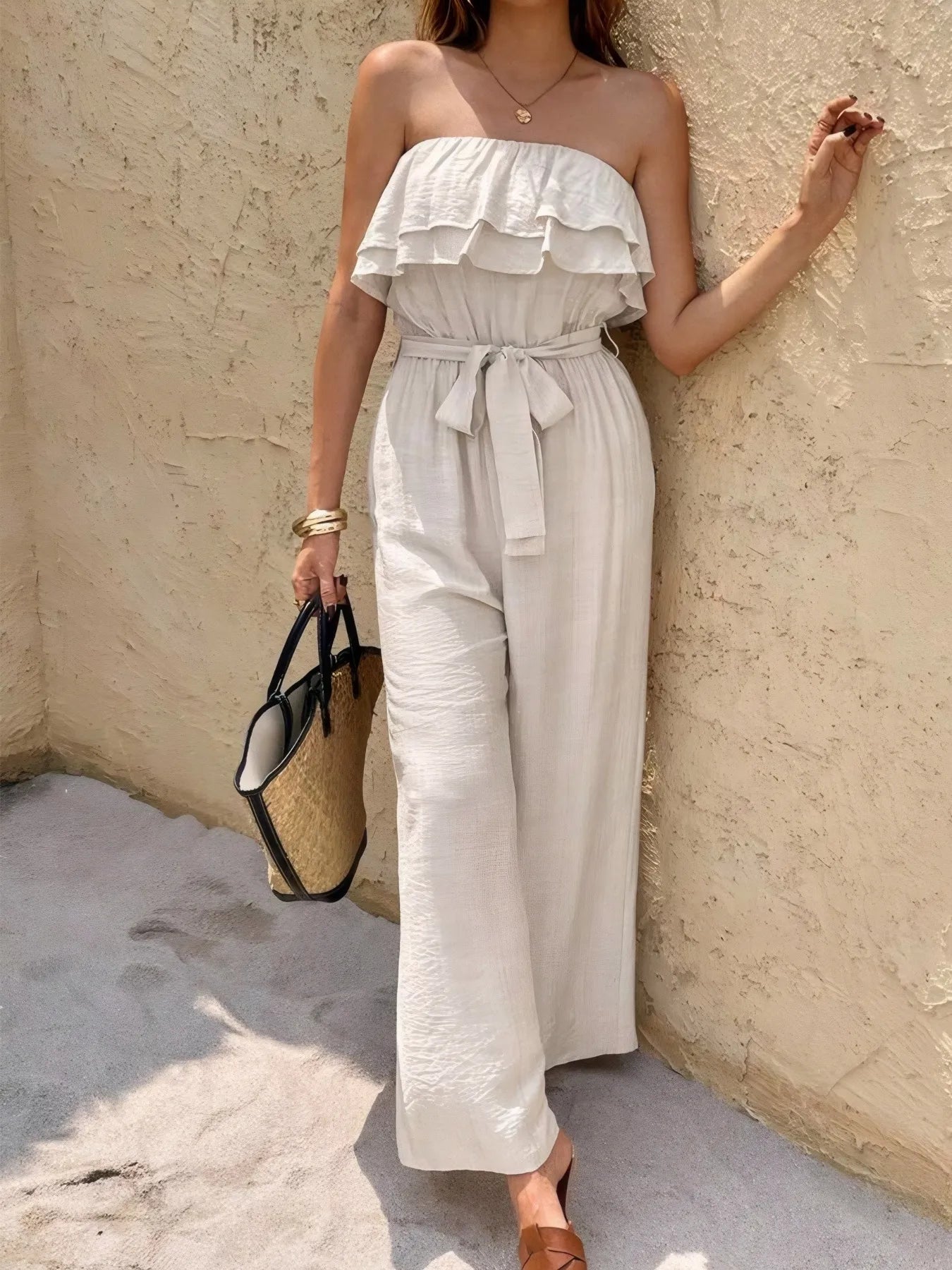 Off - Shoulder Ruffled Wide Leg Jumpsuit - FLORENTINE IRIS