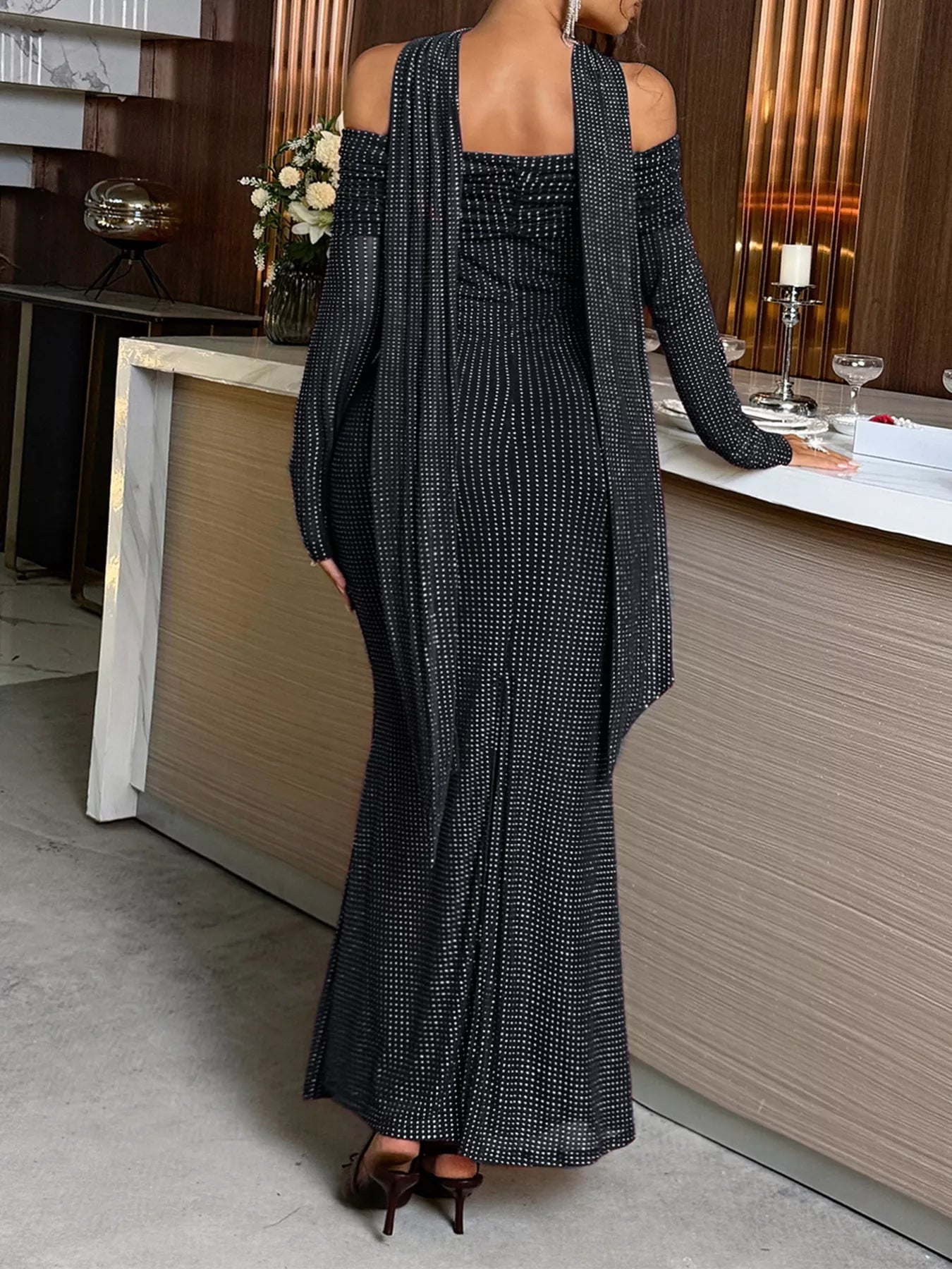 Off - Shoulder Scarf Bodycon Maxi Dress - FLORENTINE IRIS