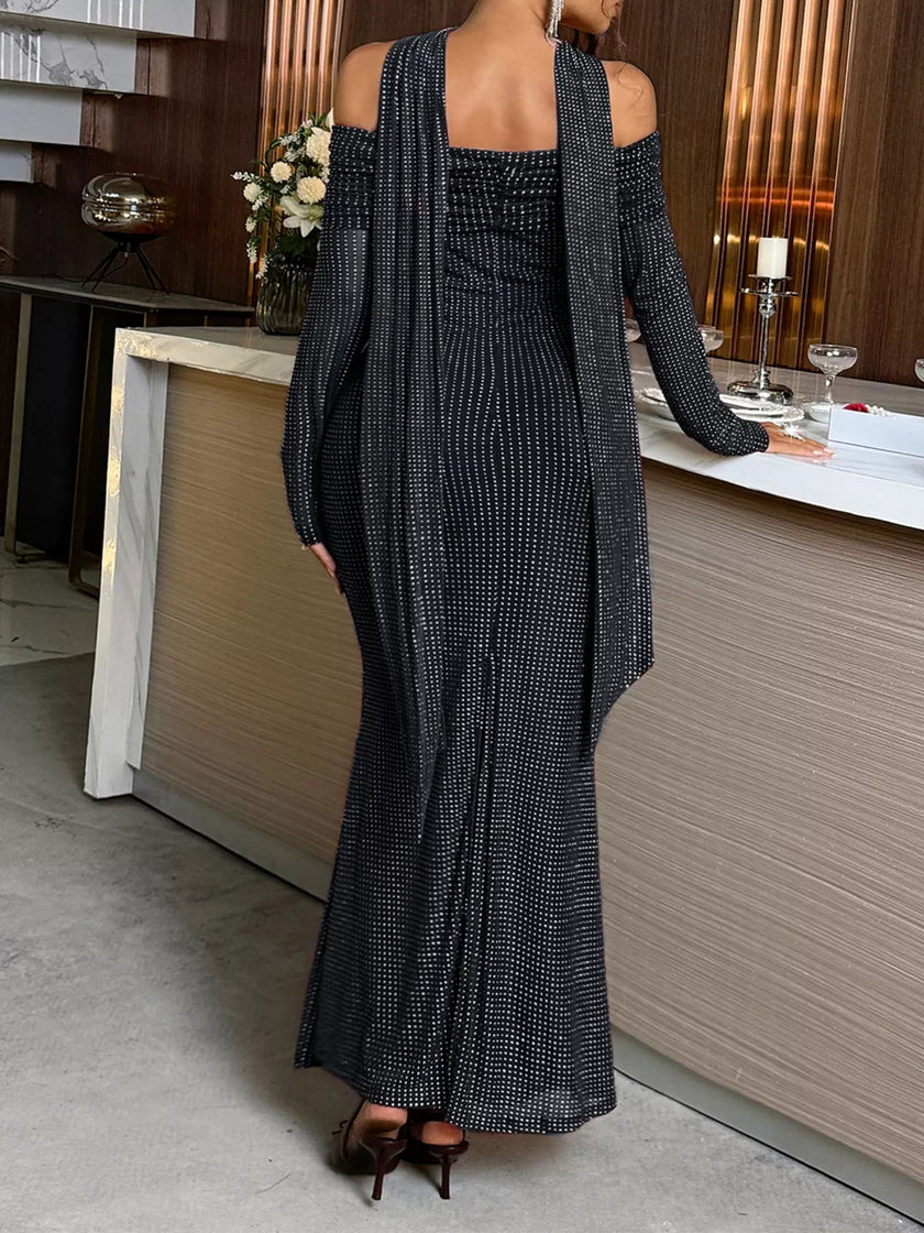 Off - Shoulder Scarf Bodycon Maxi Dress - FLORENTINE IRIS