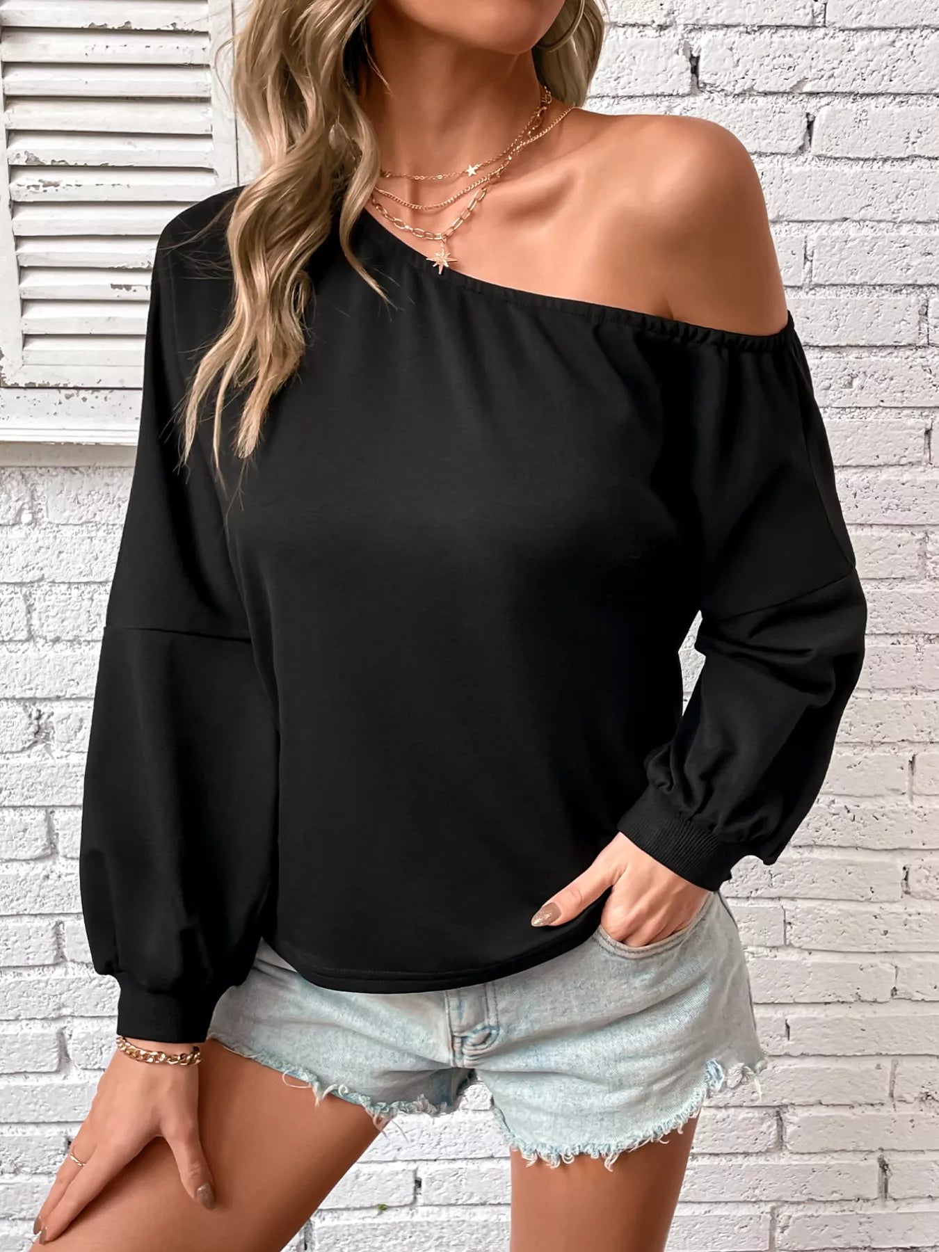 One - Shoulder Long Sleeve Casual Sweatshirt - FLORENTINE IRIS