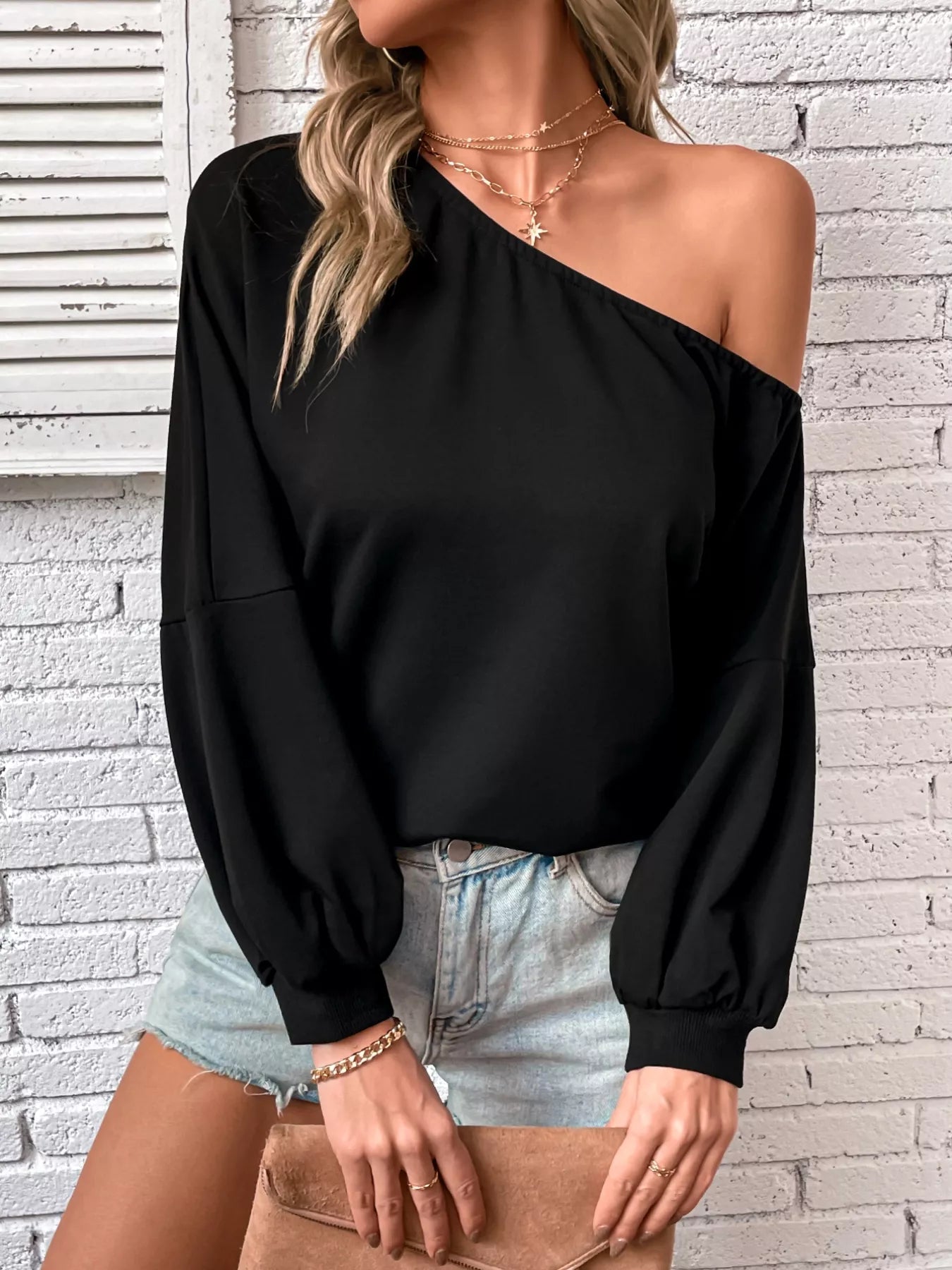 One - Shoulder Long Sleeve Casual Sweatshirt - FLORENTINE IRIS
