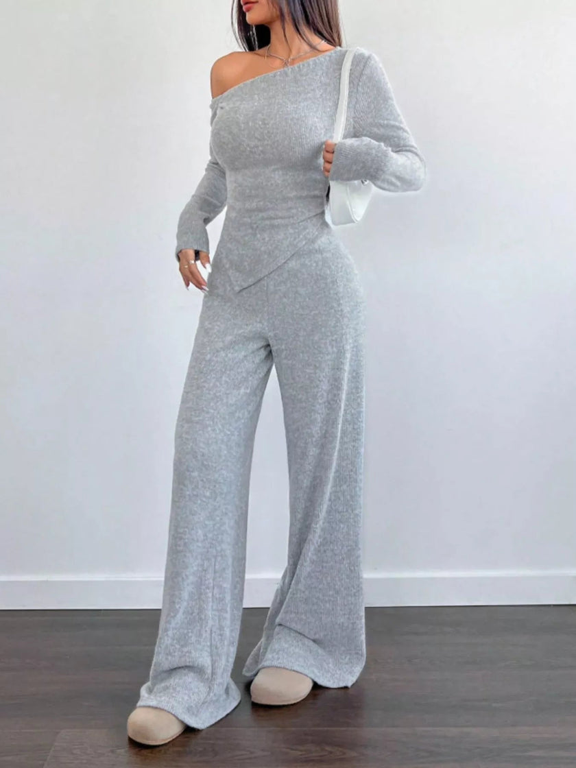 One - Shoulder Long Sleeve Top and Pants Set - FLORENTINE IRIS