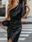 One - Shoulder Satin Wrap Dress with Side Slit - FLORENTINE IRIS