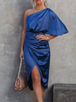 One - Shoulder Satin Wrap Dress with Side Slit - FLORENTINE IRIS