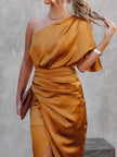 One - Shoulder Satin Wrap Dress with Side Slit - FLORENTINE IRIS