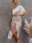 One - Shoulder Satin Wrap Dress with Side Slit - FLORENTINE IRIS