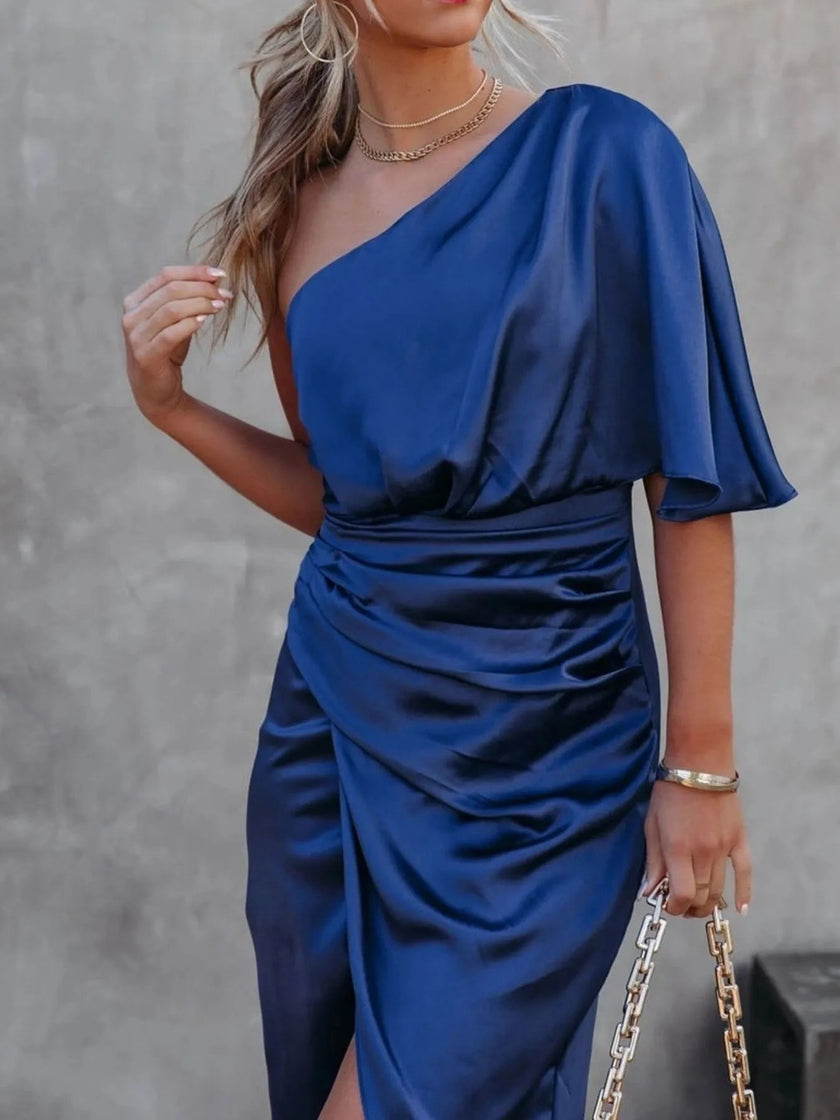 One - Shoulder Satin Wrap Dress with Side Slit - FLORENTINE IRIS