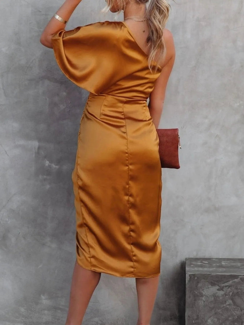 One - Shoulder Satin Wrap Dress with Side Slit - FLORENTINE IRIS