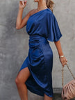 One - Shoulder Satin Wrap Dress with Side Slit - FLORENTINE IRIS