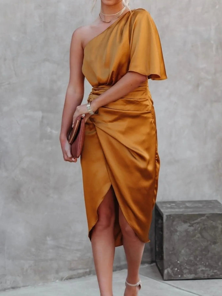 One - Shoulder Satin Wrap Dress with Side Slit - FLORENTINE IRIS