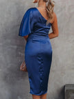 One - Shoulder Satin Wrap Dress with Side Slit - FLORENTINE IRIS