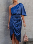 One - Shoulder Satin Wrap Dress with Side Slit - FLORENTINE IRIS