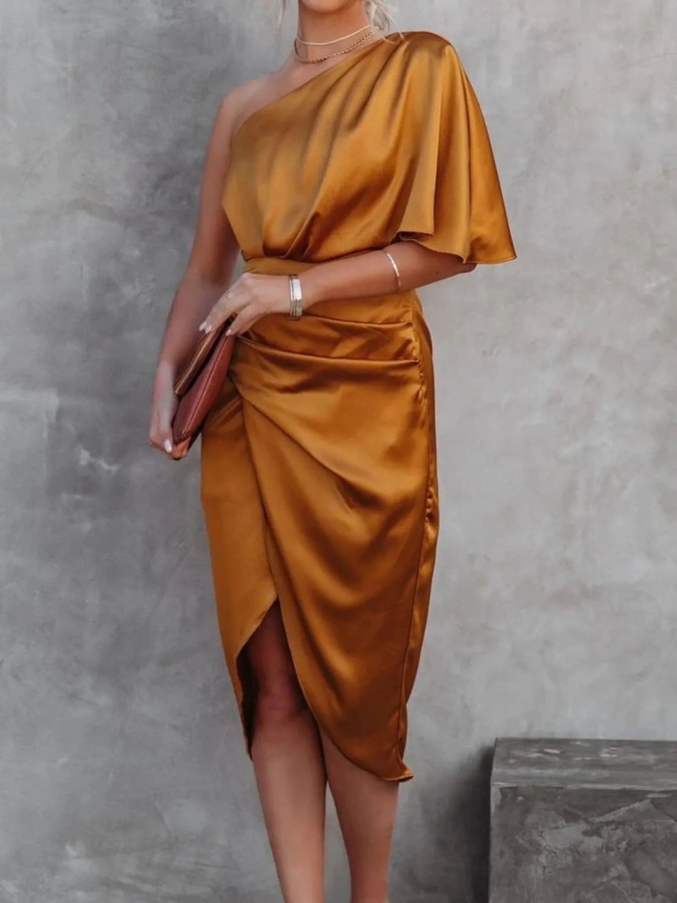 One - Shoulder Satin Wrap Dress with Side Slit - FLORENTINE IRIS