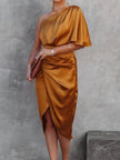 One - Shoulder Satin Wrap Dress with Side Slit - FLORENTINE IRIS