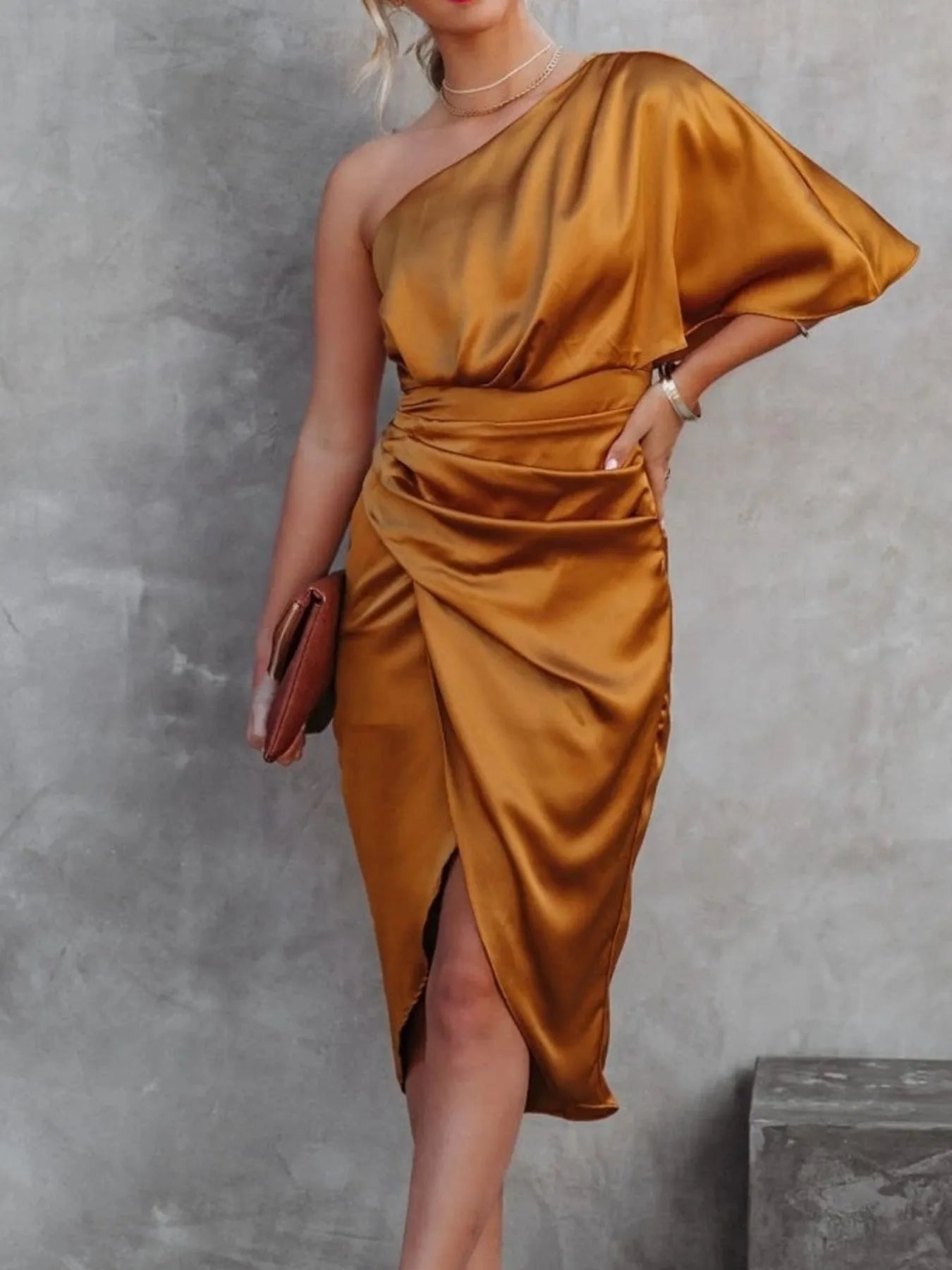One - Shoulder Satin Wrap Dress with Side Slit - FLORENTINE IRIS