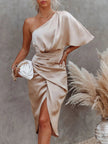 One - Shoulder Satin Wrap Dress with Side Slit - FLORENTINE IRIS