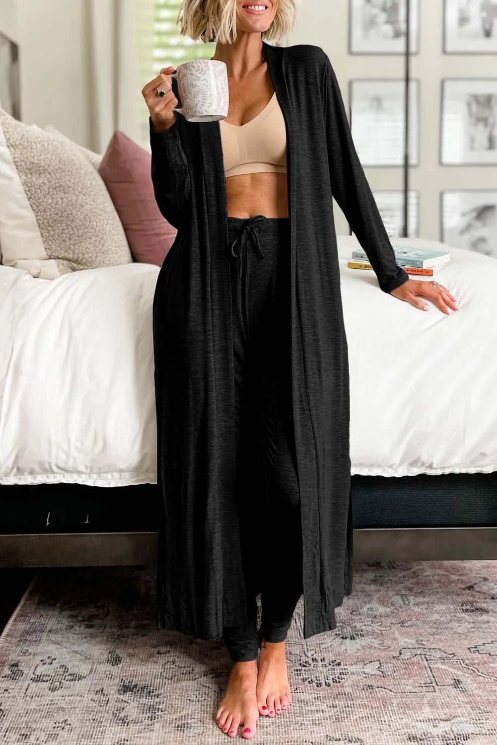 Open Front Long Sleeve Cardigan and Pants Lounge Set - FLORENTINE IRIS