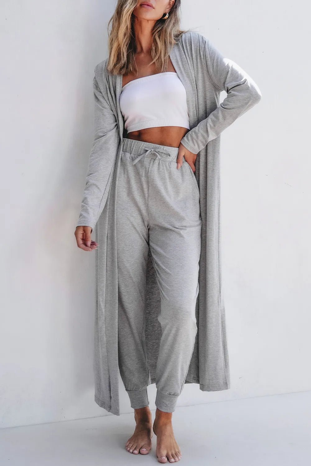 Open Front Long Sleeve Cardigan and Pants Lounge Set - FLORENTINE IRIS