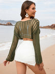 Openwork Boat Neck Long Sleeve Cover - Up - FLORENTINE IRIS