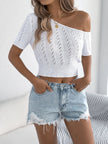 Openwork Single Shoulder Short Sleeve Knit Top - FLORENTINE IRIS
