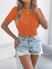Openwork Single Shoulder Short Sleeve Knit Top - FLORENTINE IRIS