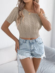 Openwork Single Shoulder Short Sleeve Knit Top - FLORENTINE IRIS